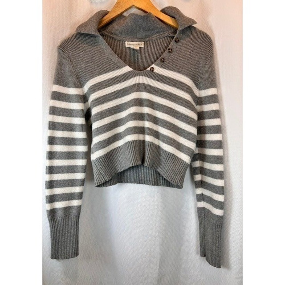 Happily Grey Striped Cropped Polo Sweater Button V-Neck Gray White Cozy Knit MED